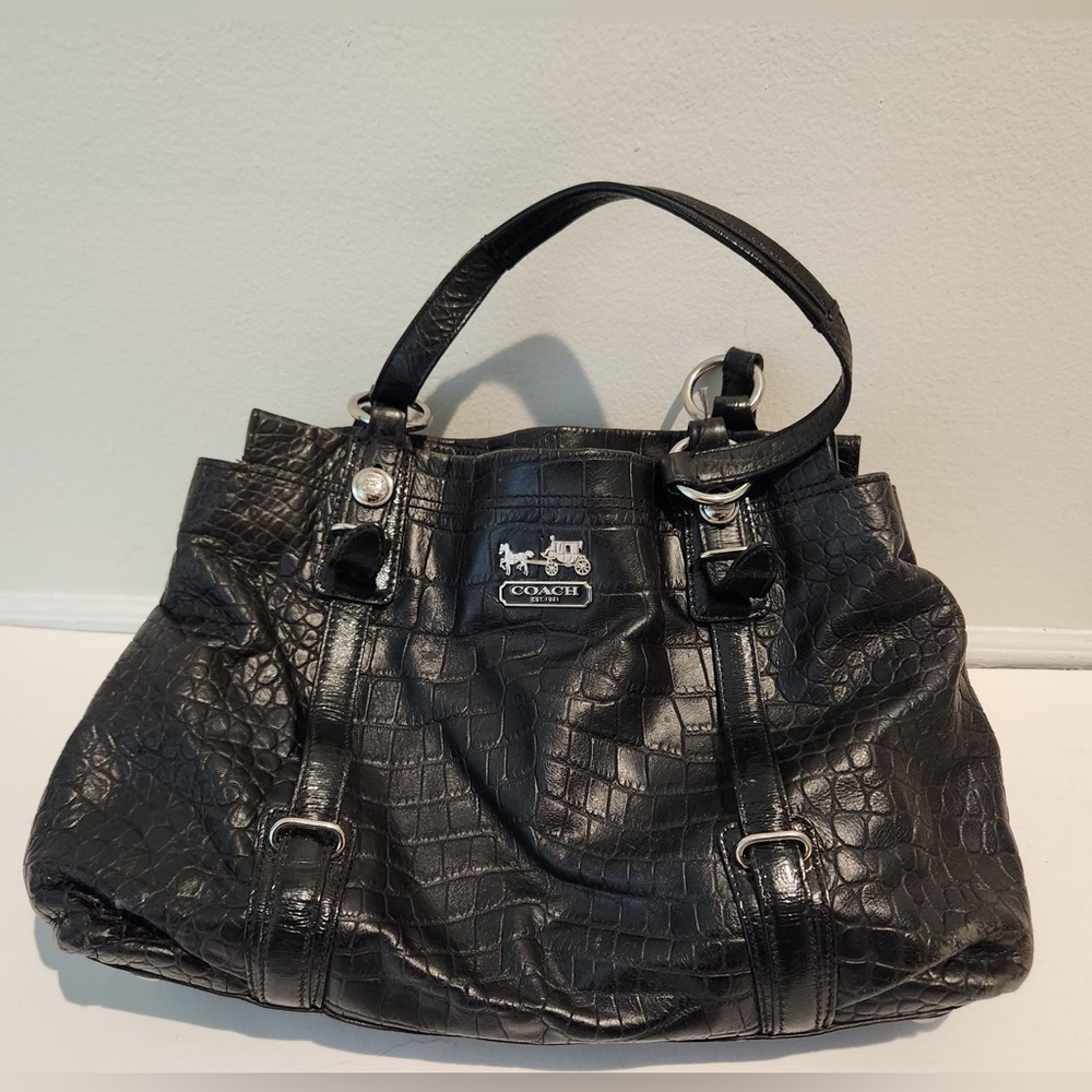 Coach Mia Black Embossed Leather Croc Satchel